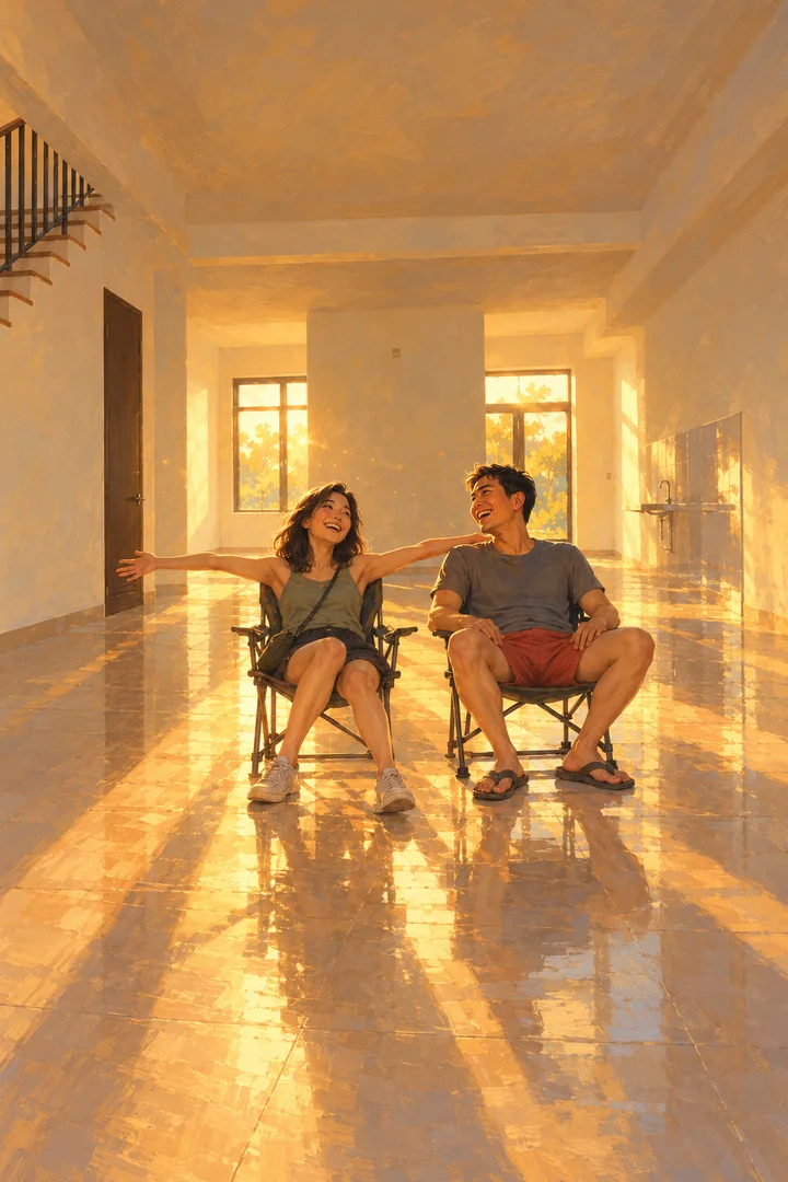 Andrew and Hailey laughing on two camping chairs in their empty new house at golden hour